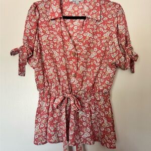 Sweet Rain Floral Drawstring Peplum Top - Coral Floral